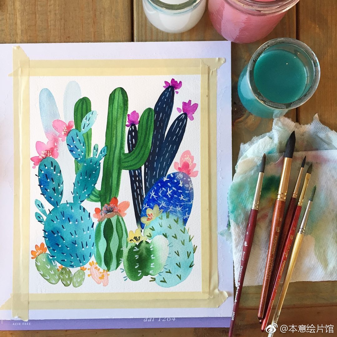 一组仙人掌主题水彩画绘画courtneybray