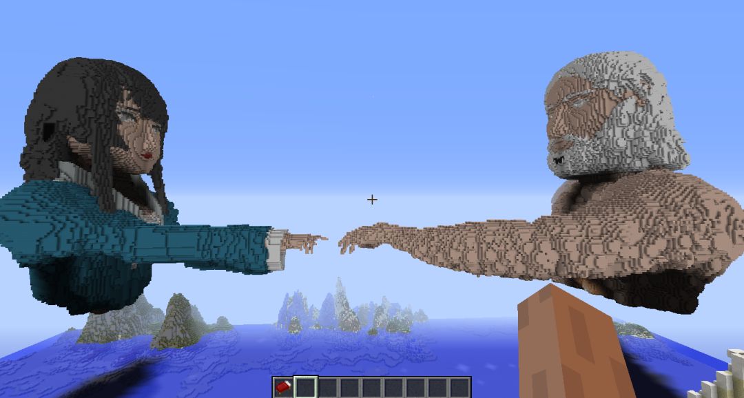 回头一看,两个巨大的肖像在做着米开朗琪罗那张《创造亚当》经典的