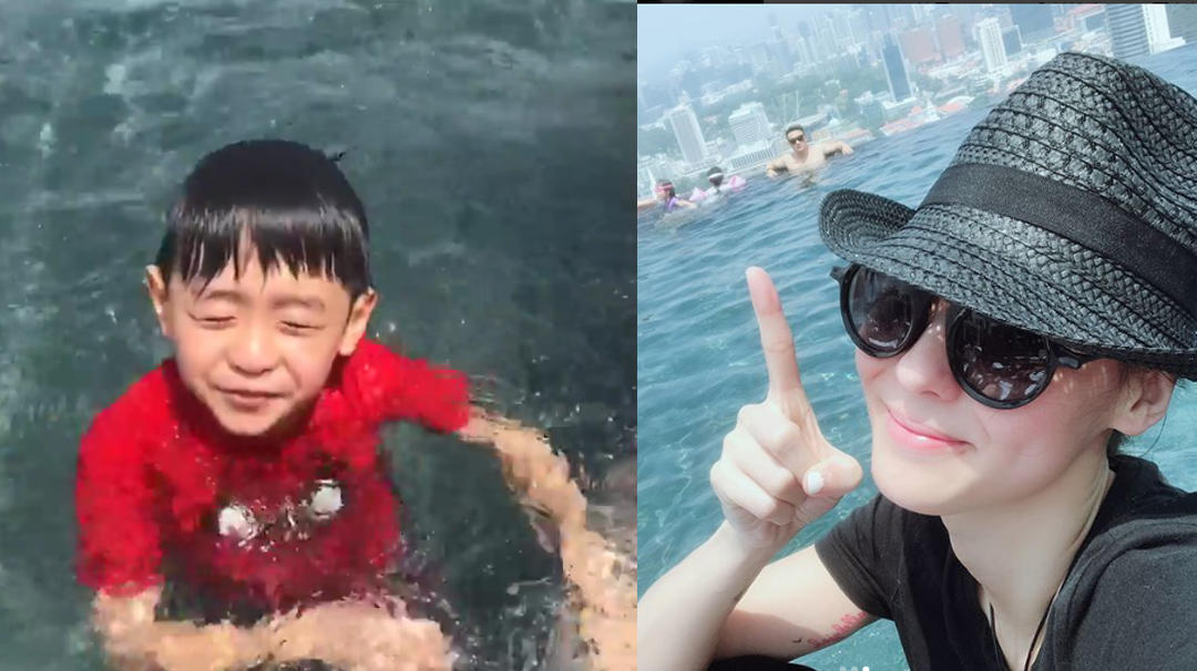 张柏芝一家三口现身新加坡,两个儿子水中嬉戏很是自在