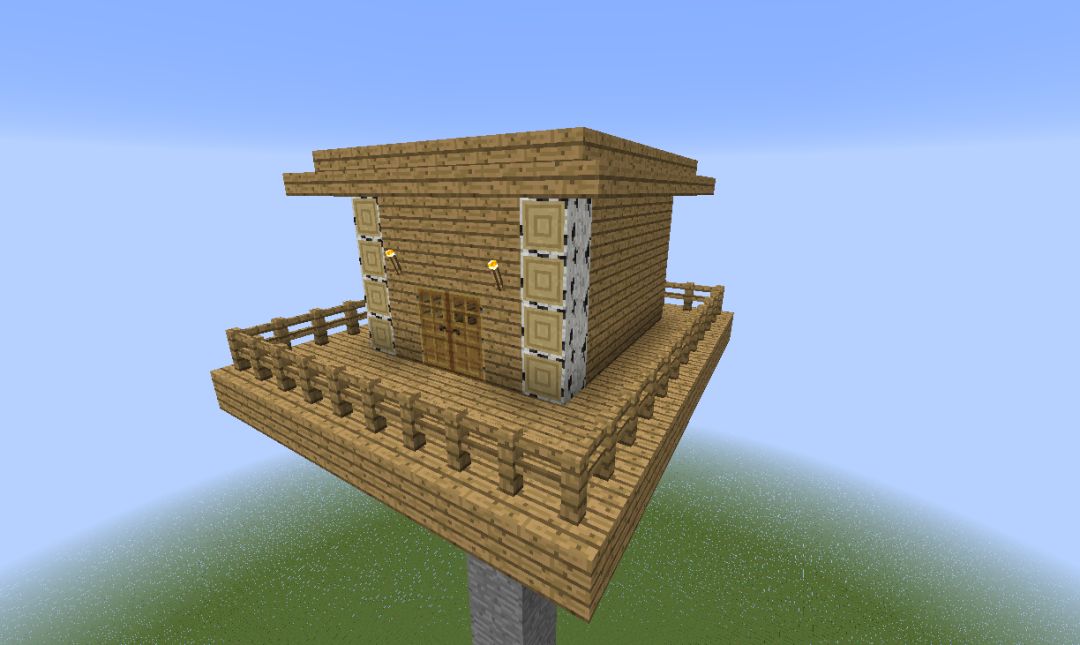 然后在柱子的顶端搭建一个平台,根据你想要盖多大的房子决定大小.