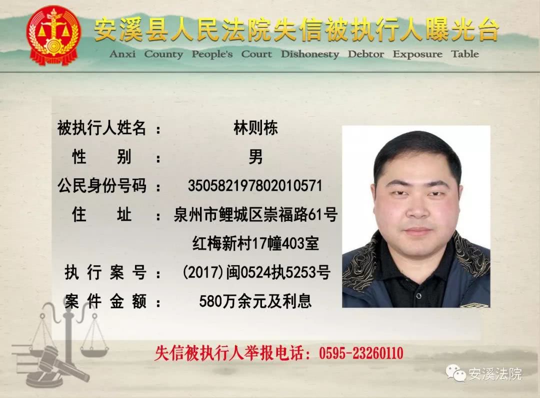 曝光台|安溪一男子欠580万,被安溪法院曝光!