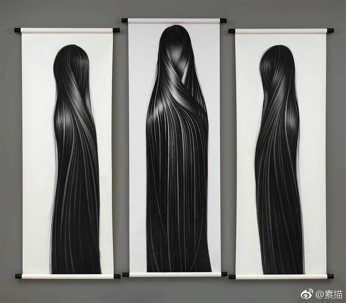 艺术家张春红的头发系列作品,素描和工笔水墨.