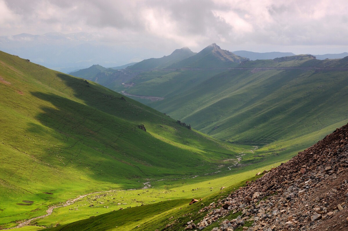 继续下山,海拔逐渐降低,绿色的草原再次出现,大山坡上满满的都是绿草.