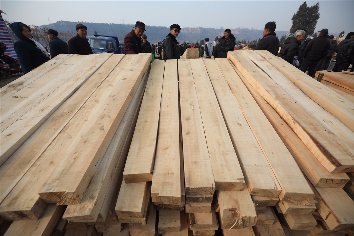 航拍棺材木料交易市场场面壮观柏木最值钱一副15000