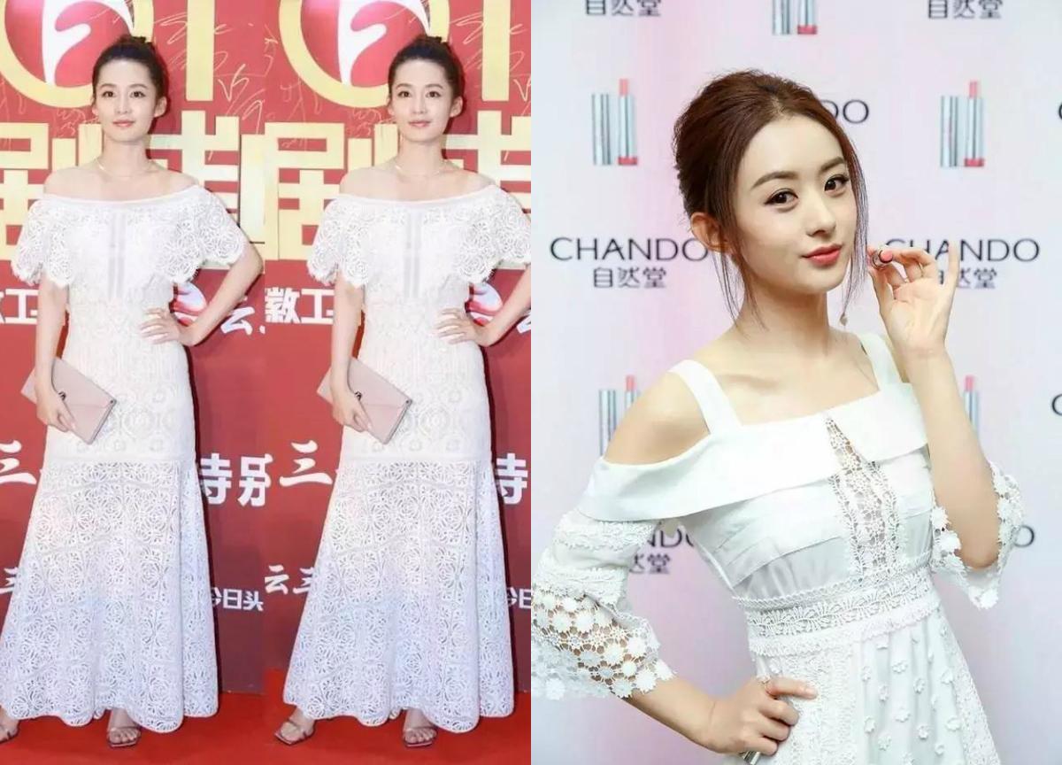 赵丽颖和李沁撞衫, 同穿白色镂空裙, 一个似少女一个老了5岁