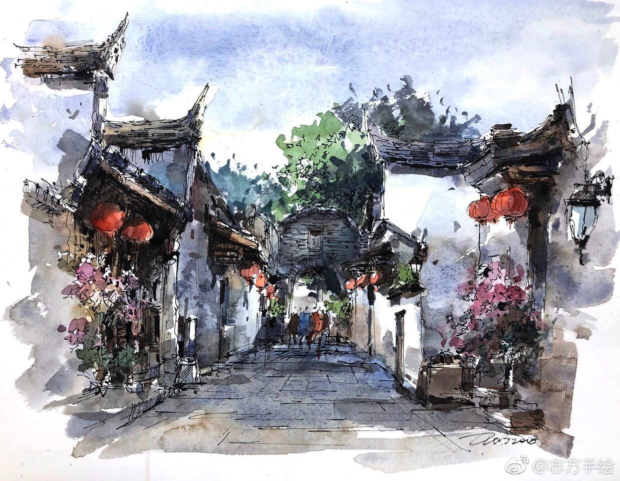 钢笔淡彩作品分享作者