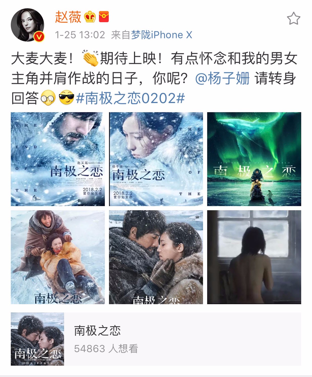杨子姗《南极之恋》裸背镜头亲身上阵 赵薇:请转身!