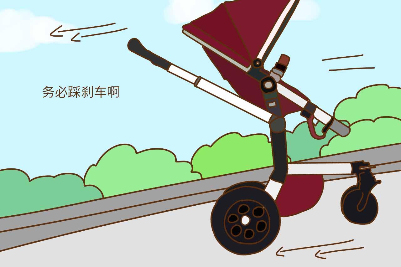 推着婴儿车带宝宝遛弯,不系安全带,忘踩刹车,家长快长点心吧