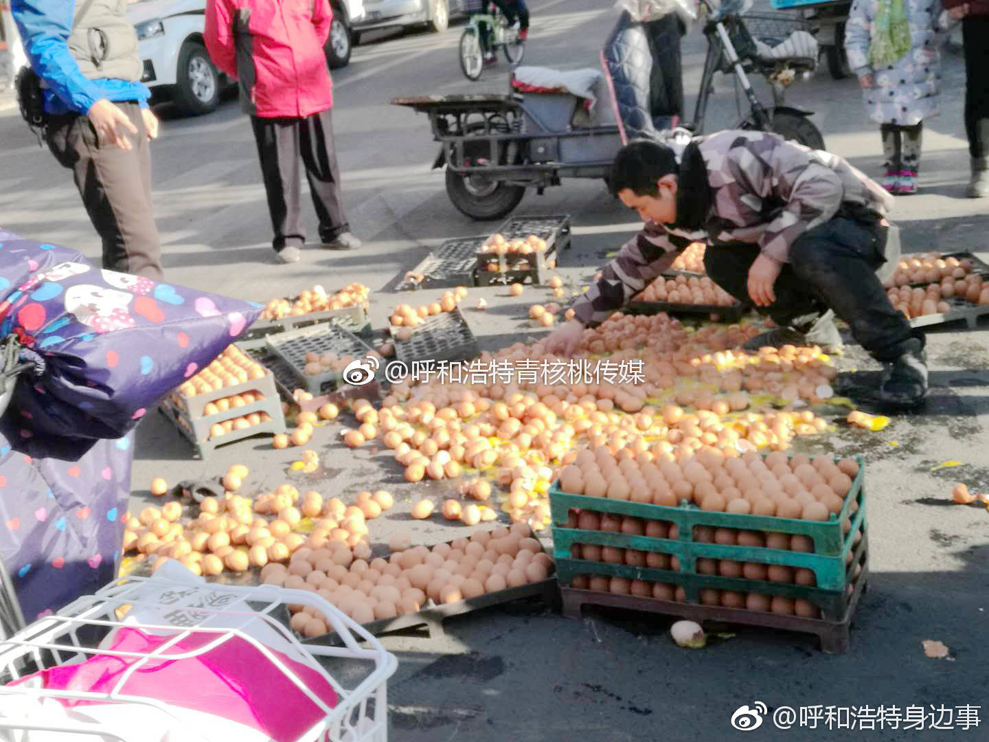 鸡蛋碎了一地 众人来帮忙[心]