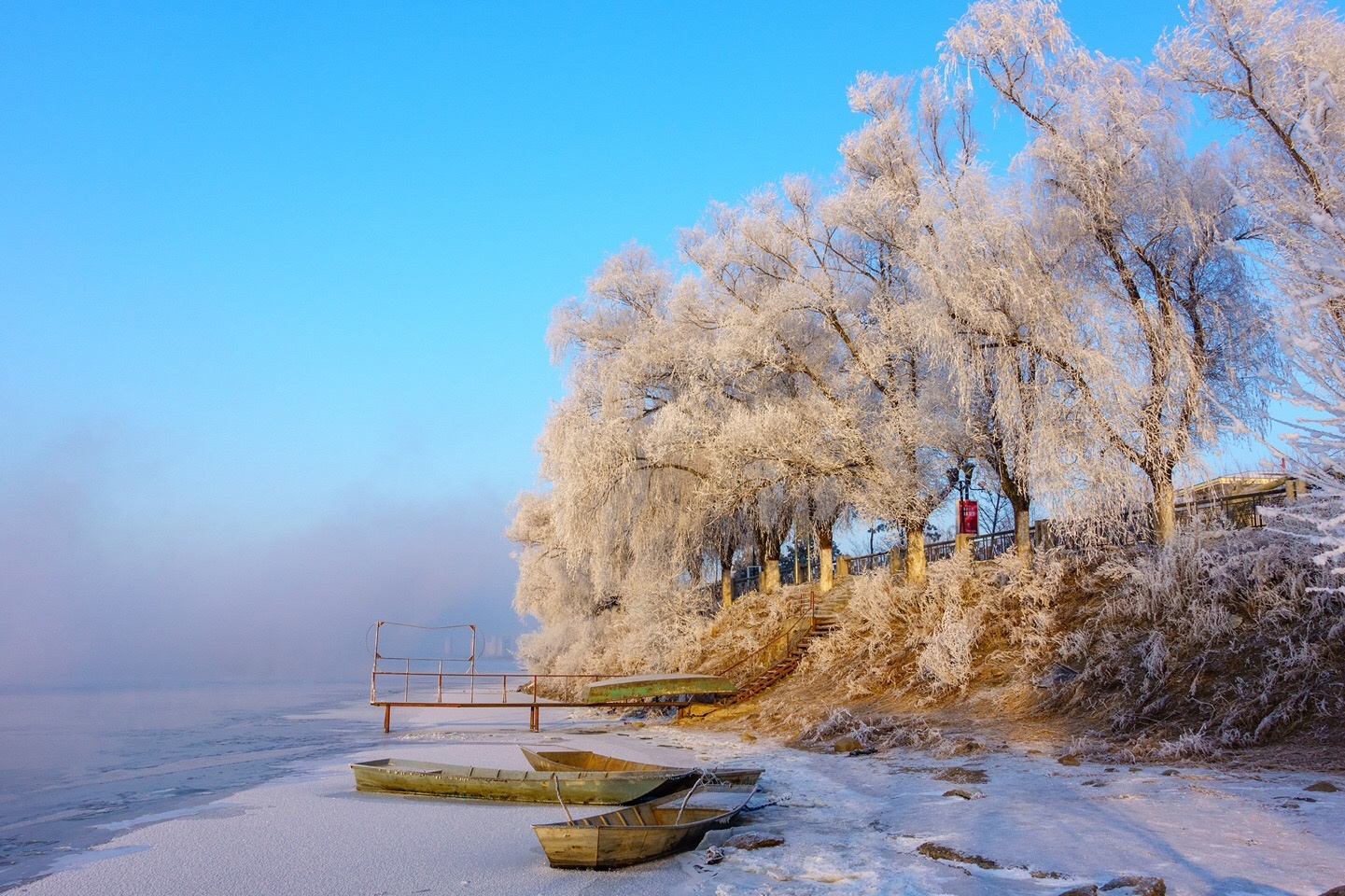 春节后第一场雾凇美景降临江城吉林.暖色晨光下,景色妖娆.