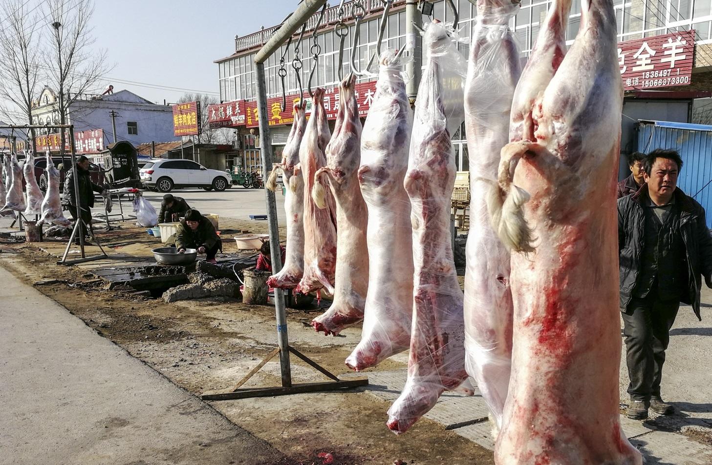 老板大哥说每年都会在这里摆摊卖羊肉,越到过年越多人买,地上还有几只