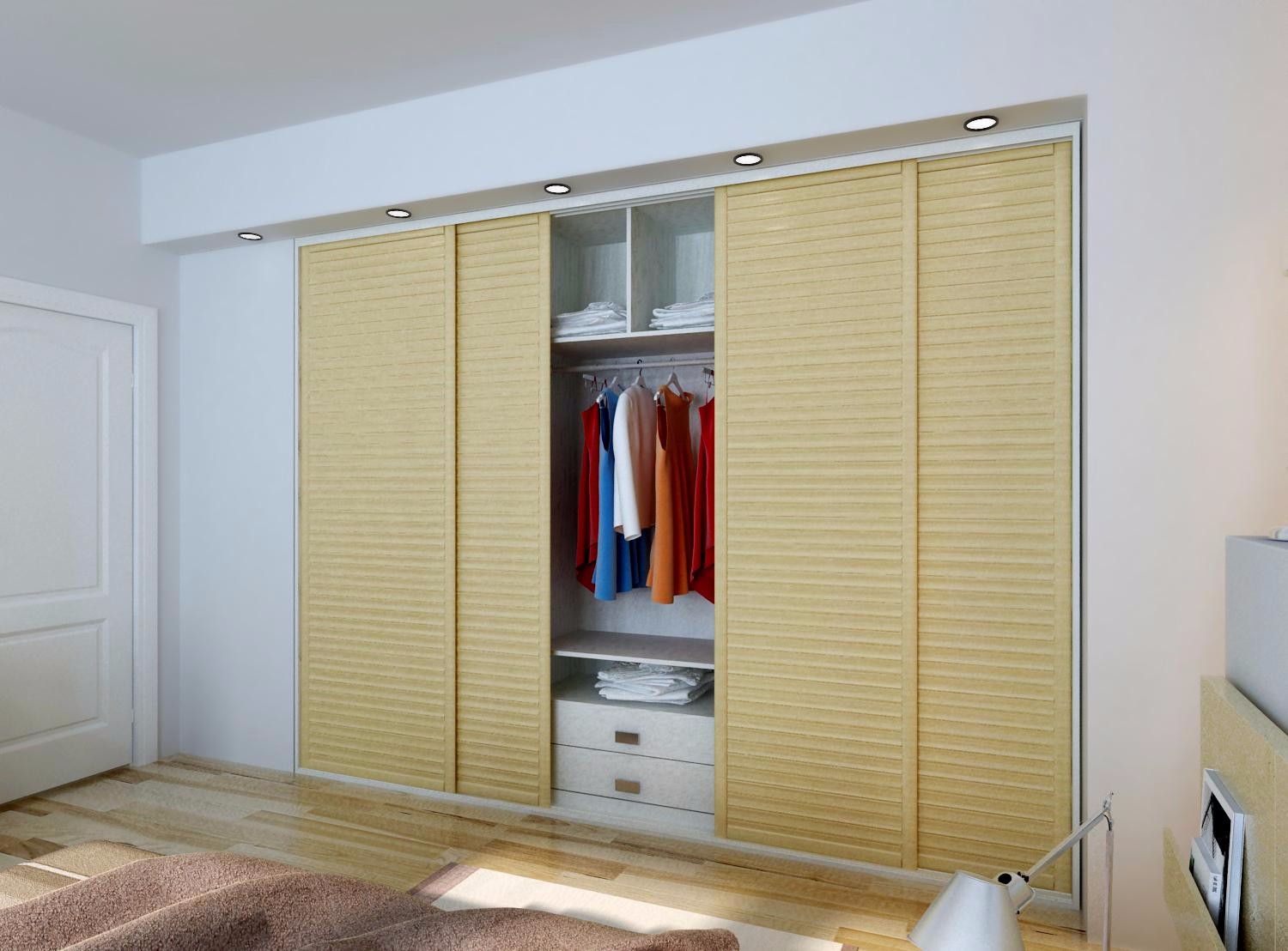 定制了一款入墙式的移门衣柜,将凹位很好地填平,完美搭配