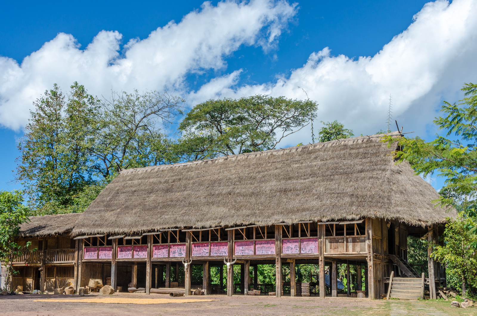 村子里的房子都是佤族茅草房民居,最高大建筑是佤王府.