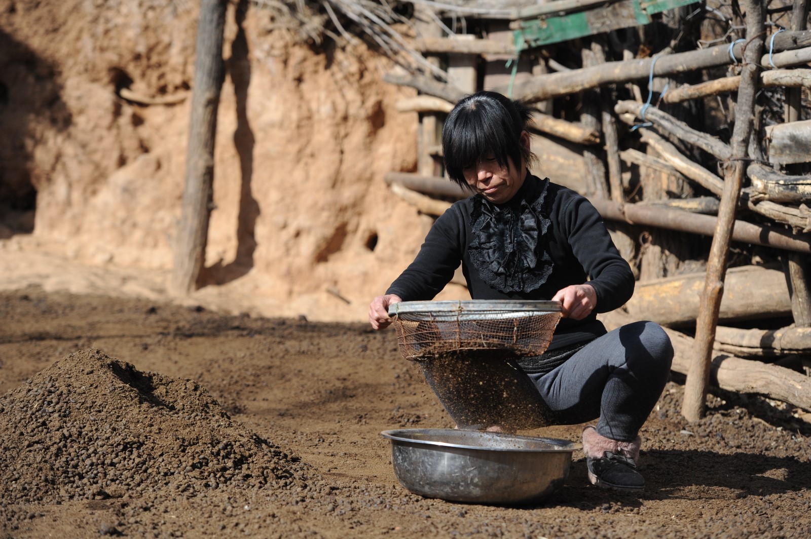魏晋平白天在山上放羊,妻子魏庆先便扛上铁锹,簸箕,筛网进羊圈了.