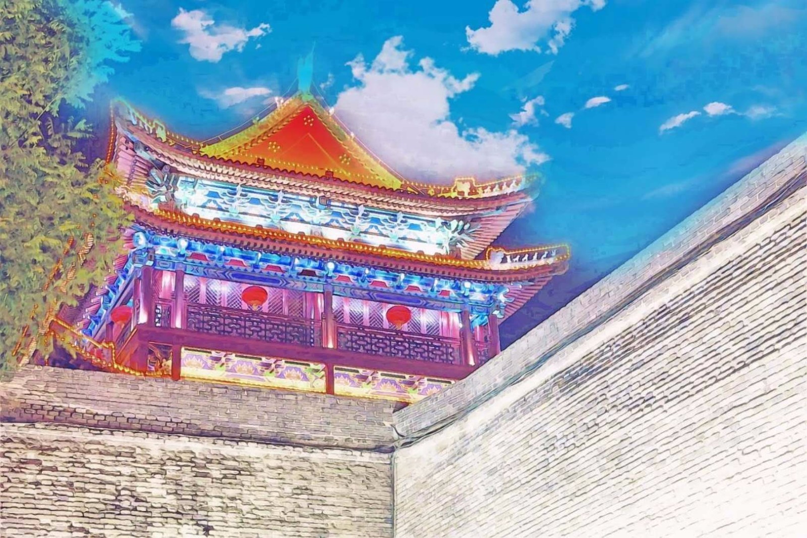 西安明城墙二次元照片走红,夜景照片秒变蓝天白云