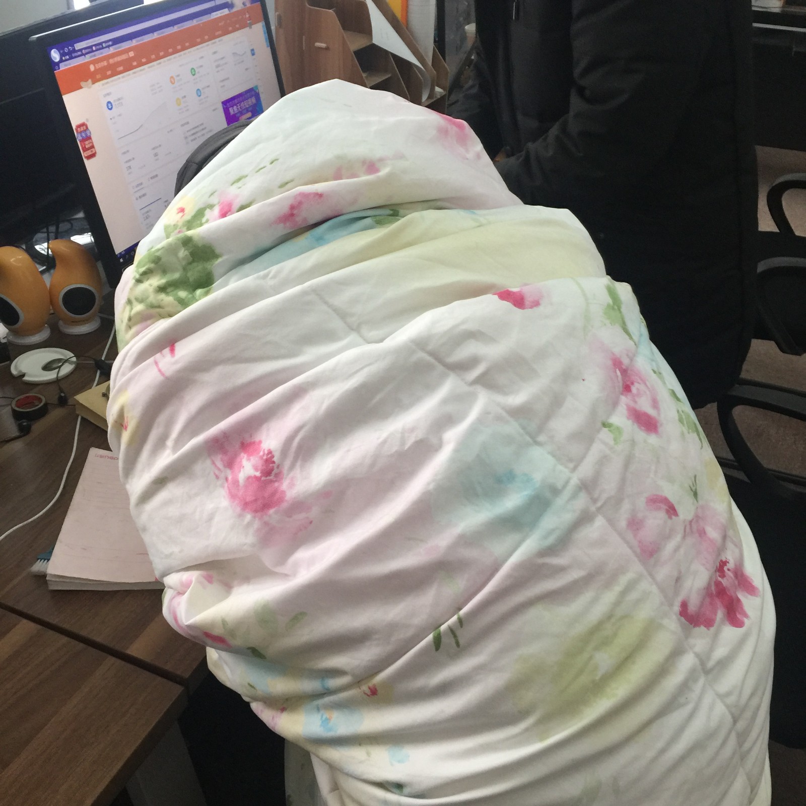 办公室空调被冻住 妹纸出招裹被子上班实现了很多人的愿望