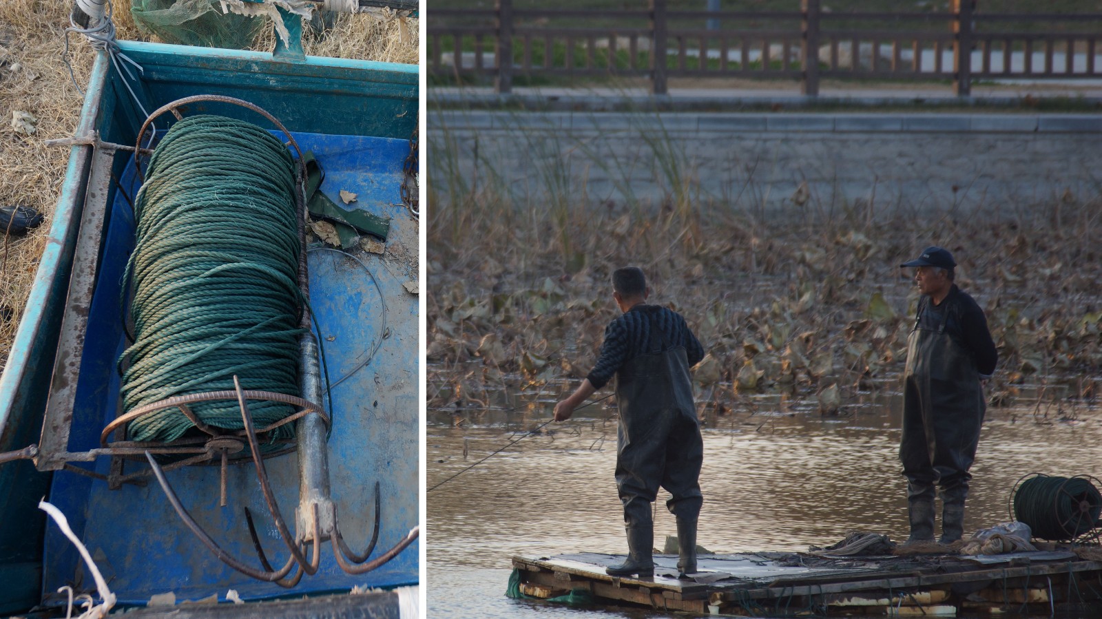 "轮胎船"景观河内围网捕鱼 每次捕鱼十多斤只吃不卖