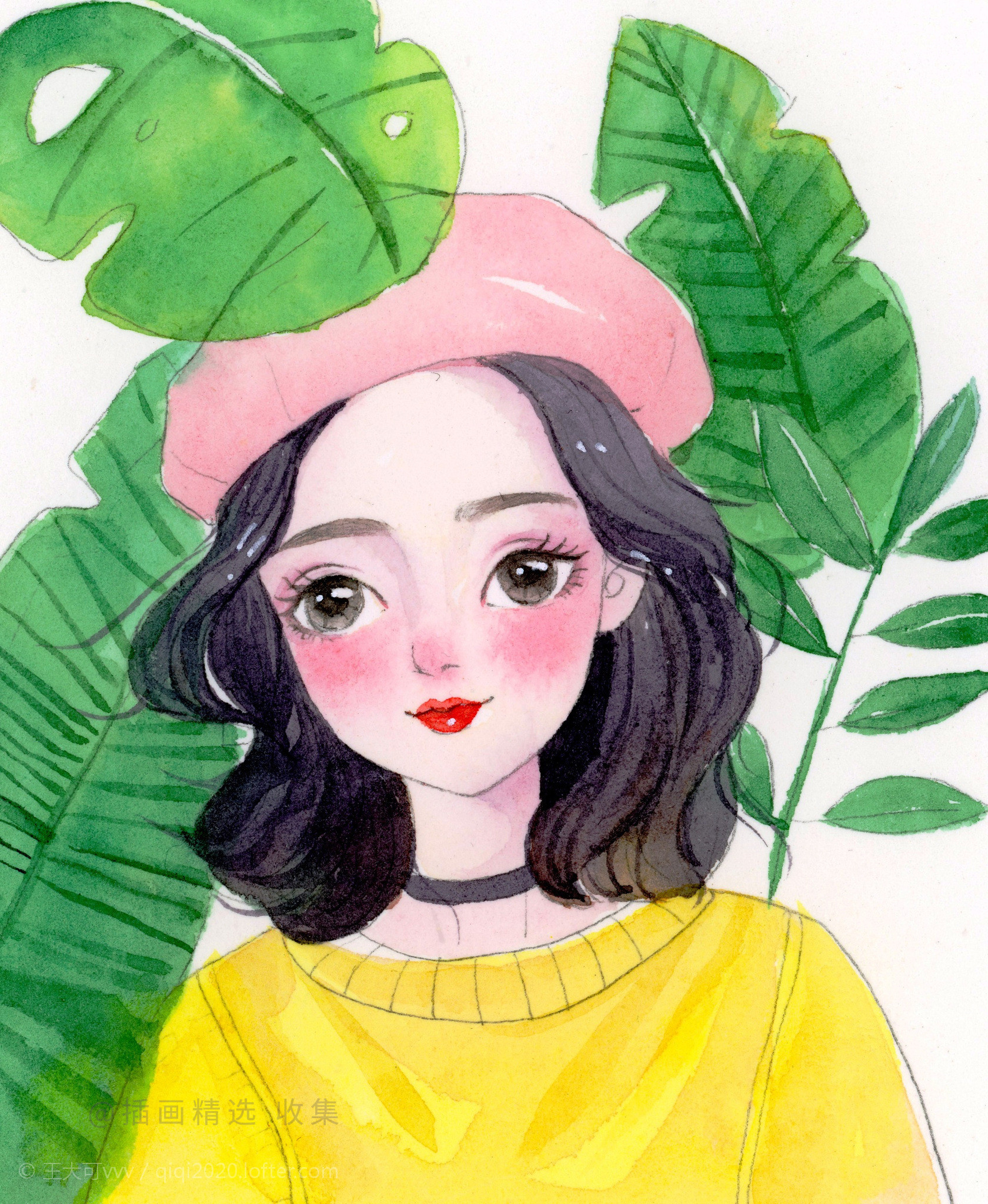 森系小清新女孩系列水彩插画