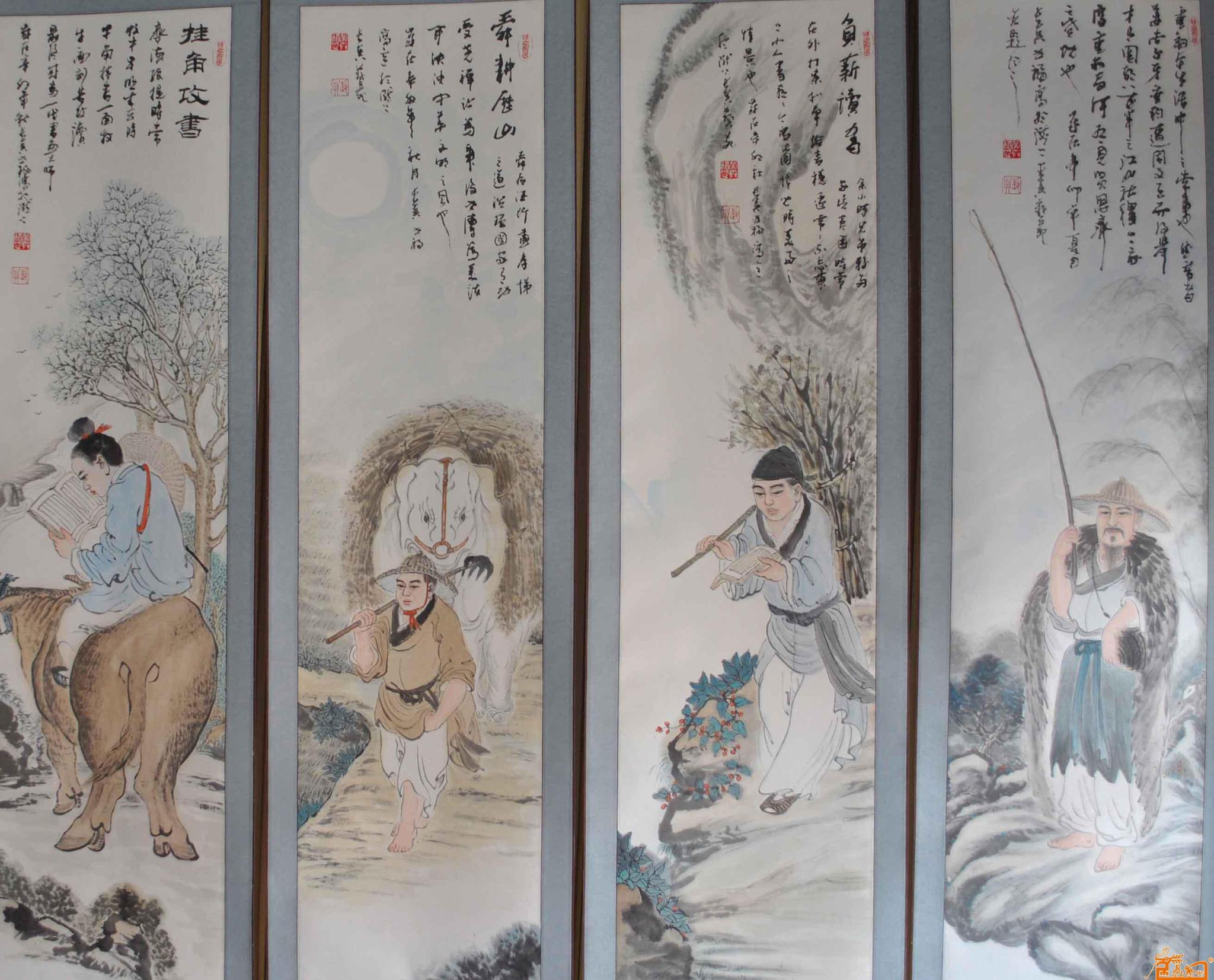 「文房雅趣」渔樵耕读小叶紫檀笔筒