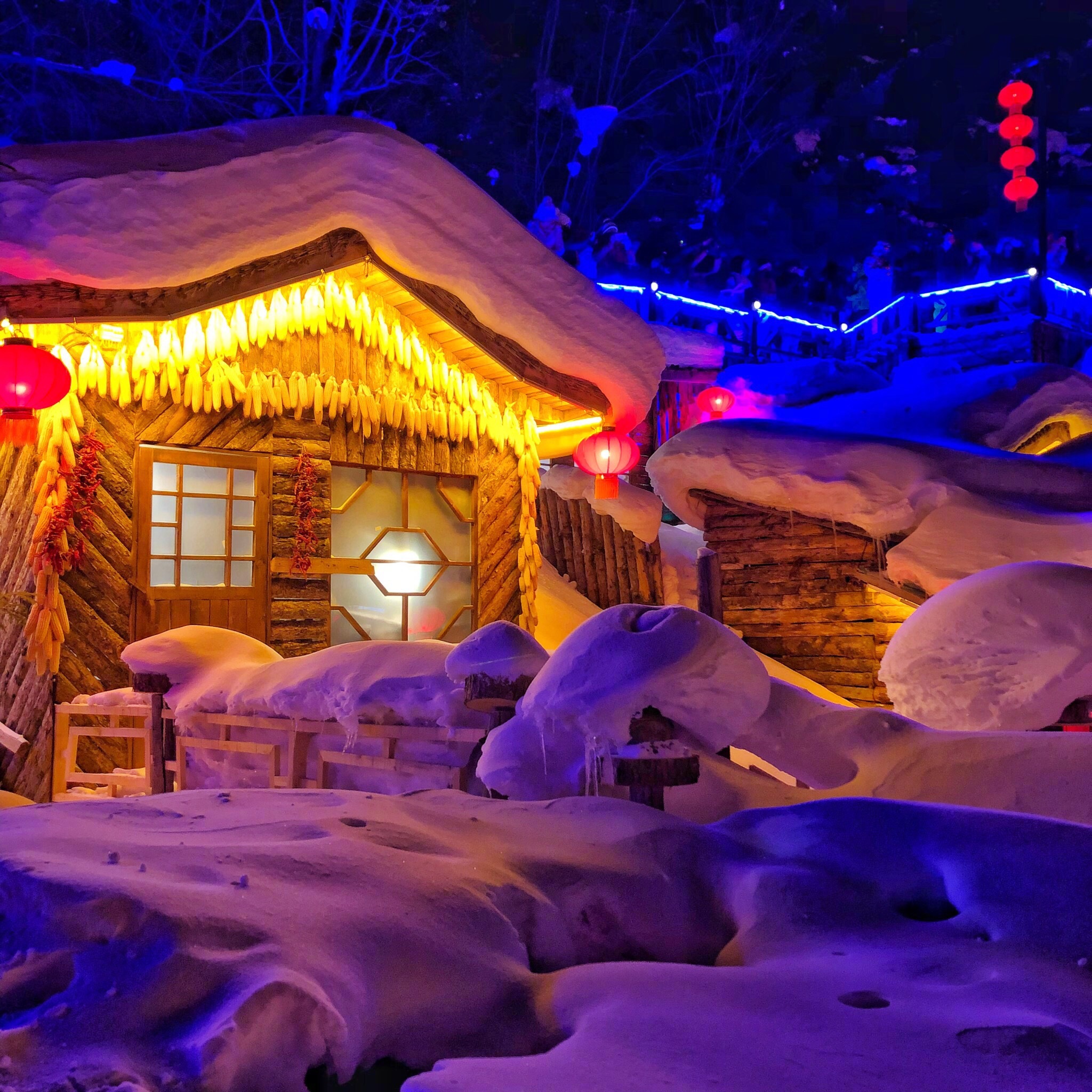 远方的飘雪沉甸甸夜里的雪乡暖绵绵摄影