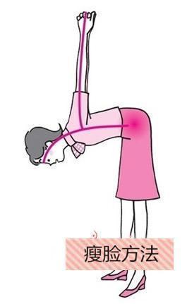 瘦脸动作六: 双手后背相握直线抬起,身体尽力下压.