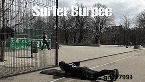 去掉原地跳跃，完成俯卧撑后双腿直接蹬地并站立，就像是脚踏冲浪板的姿势。