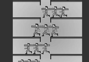 内容是三个人扛着一根木头,前面有沟壑,他们就轮流往前走,整体类似