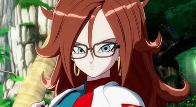 人造人21号有着披肩凌乱的褐色长发,头戴黑框眼镜以及巨大的耳环.