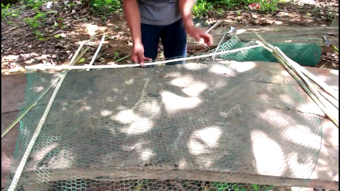 柬埔寨男子自己动手编织地笼陷阱捉鱼,令人佩