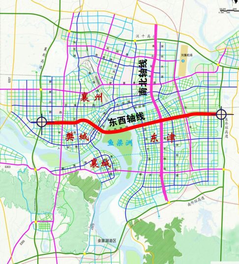 襄阳市东西轴线西接襄荆高速公路,沿中原西路经大李沟,清河路,上跨