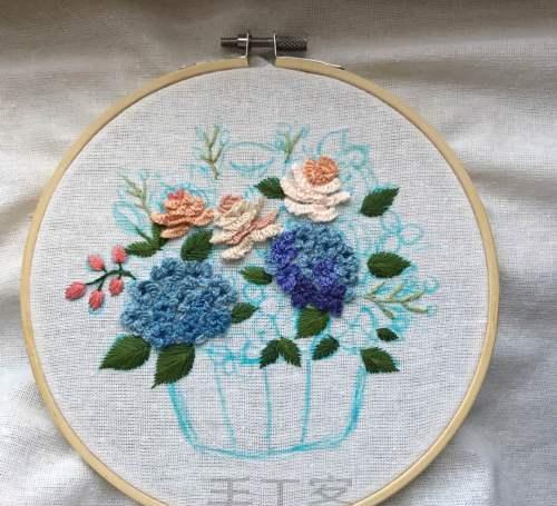 线绣绣出绣球花的花瓣第4步:用叶形绣绣叶子第3步:用水消笔画图第2步