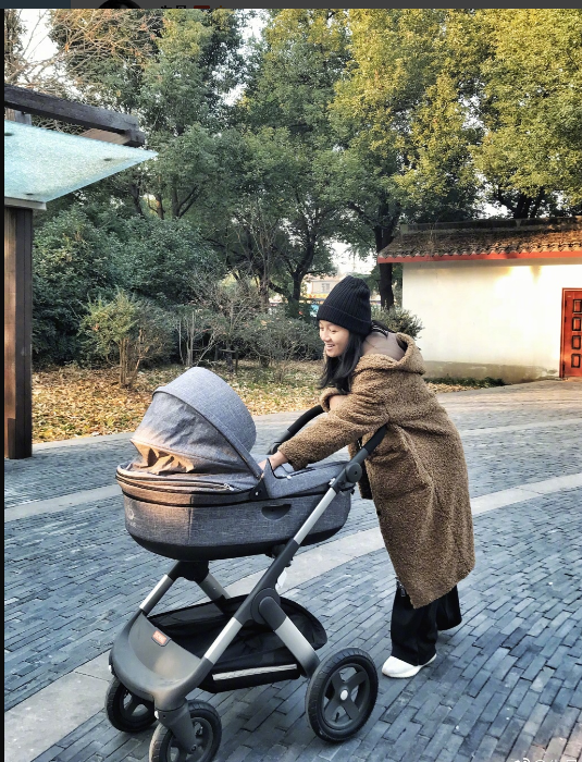 朱丹带宝宝第一次出门放风出了个小意外车轮胎被钉子扎破