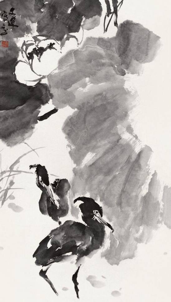 荷塘双鹭 汤文选 当代 128cm×67cm 1988年