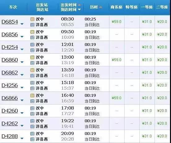 西成高铁汉中境内站点票价一览!