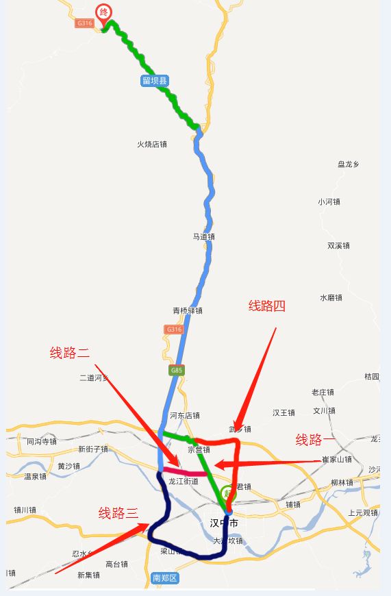 线路一:褒城(g85银昆高速)---连城山隧道---留坝出口下---张良庙游客