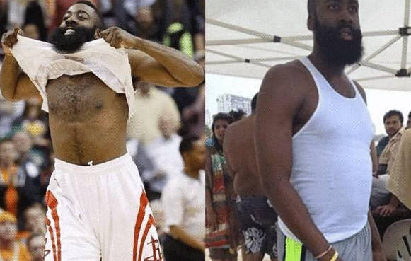 关键的是哈登还是有肌肉在脂肪底下,显得就更加"俨然一体"了.