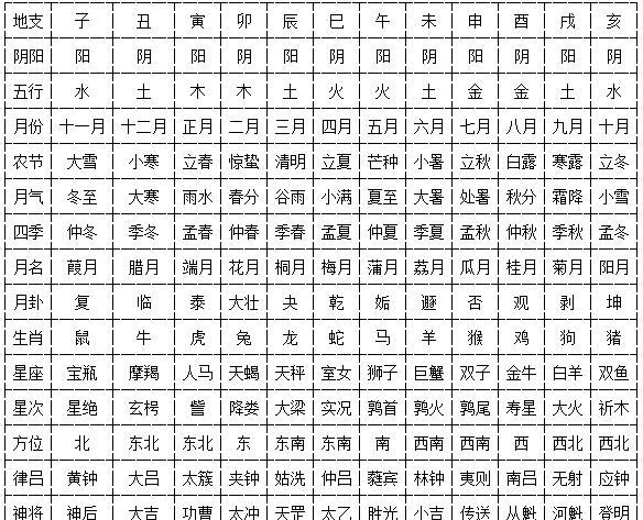 地支总表一览