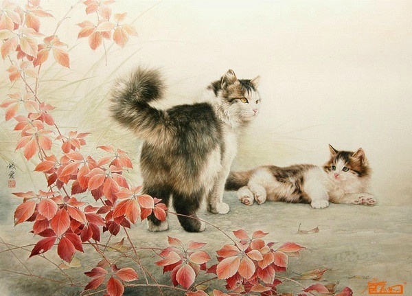 栩栩如生的工笔画猫花丛树间扑蝶嬉戏更显灵性