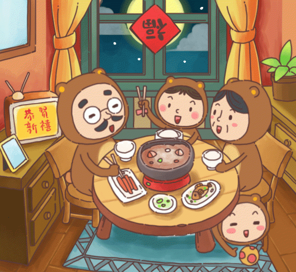 里放着正在直播地央视春晚,小明和爸爸妈妈终于坐下来一起吃了团圆饭