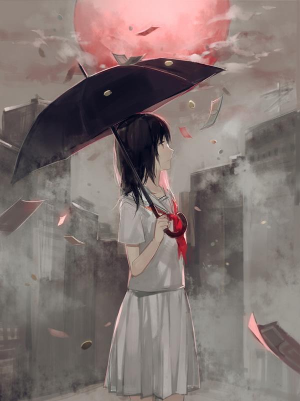 儿时的回忆:二次元撑小雨伞唯美动漫美图