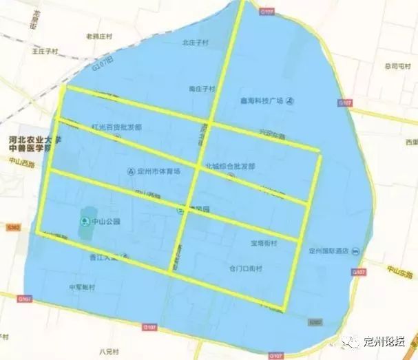 在城市建成区以内区域:新107国道东环路段以西(定州大酒店以西,新107