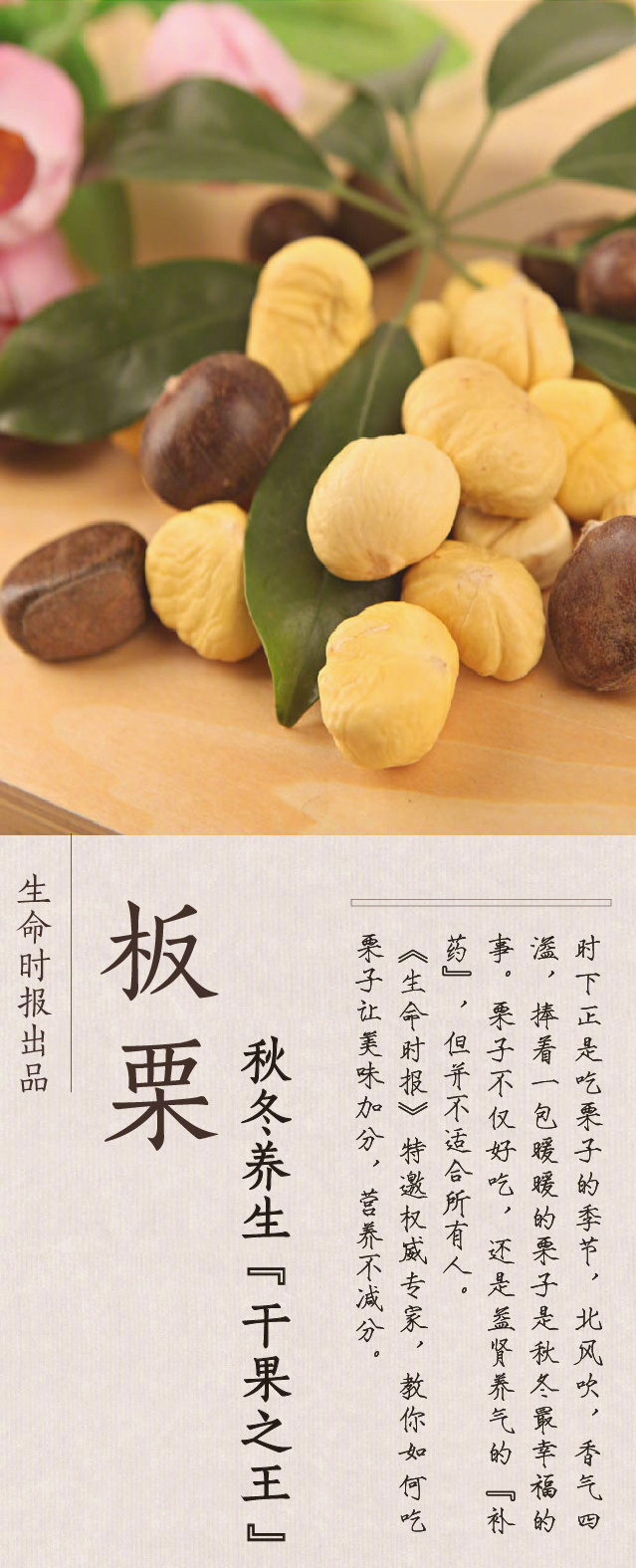 板栗又叫栗子,是一种补养治病的保健品中医学认为,栗子性味甘温,有