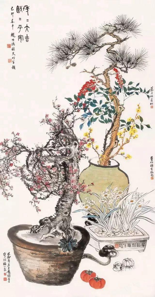 乾坤气象和历添新岁月,春满旧山河梅柳芳容徲,松篁老态多屠苏成醉饮