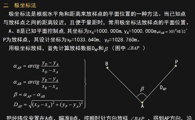 点的平面位置放样常用方法有直角坐标法,极坐标法,距离交会法和角度