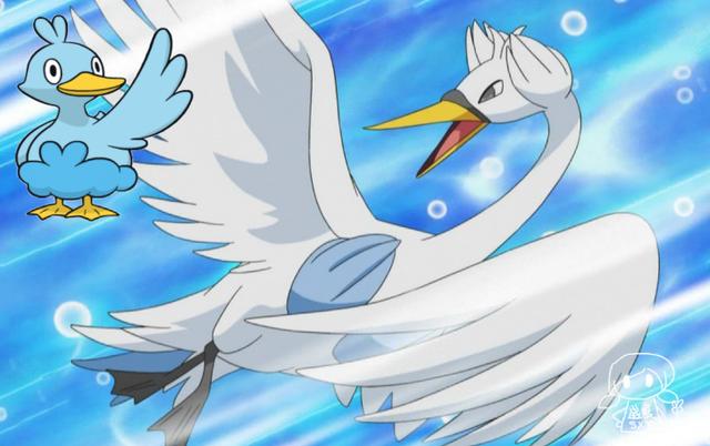 舞天鹅拥有水系属性和飞行属性的舞天鹅是由鸭宝宝进化而来,看来是