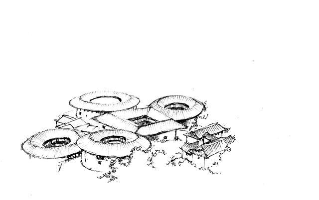 零基础学绘画钢笔风景速写客家围楼详细步骤