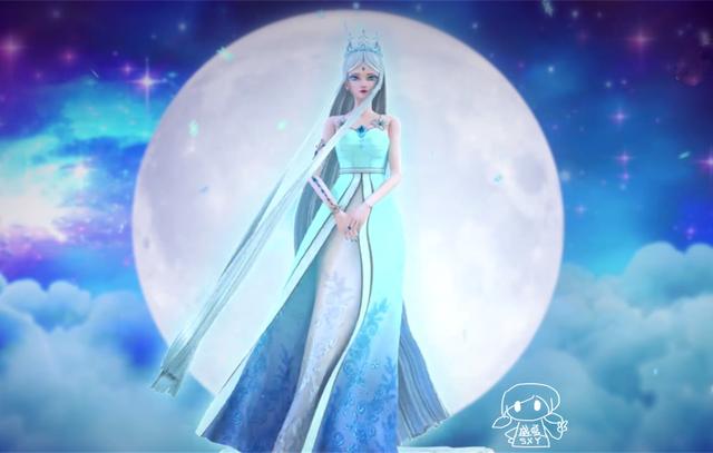 蓝色的云海星空映衬着冰公主蓝白色的衣装,透着一股梦幻感,这个站姿与
