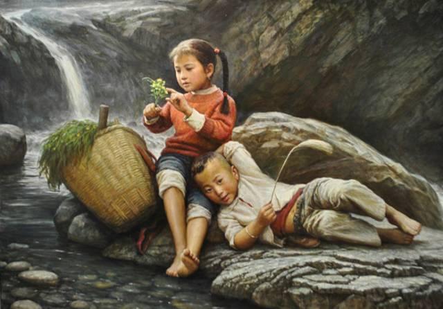 乡土民俗油画,姐弟情深,过年恋家的你,该回家了!