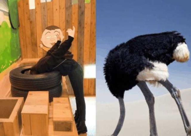 中的她弯腰将头放入车胎里,双手从身后举高,动作激似鸵鸟,非常搞笑