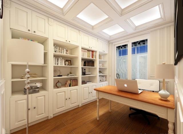 这个书房的家具设计了更多的线条,美式风格里面常会看到这样的线条,顶